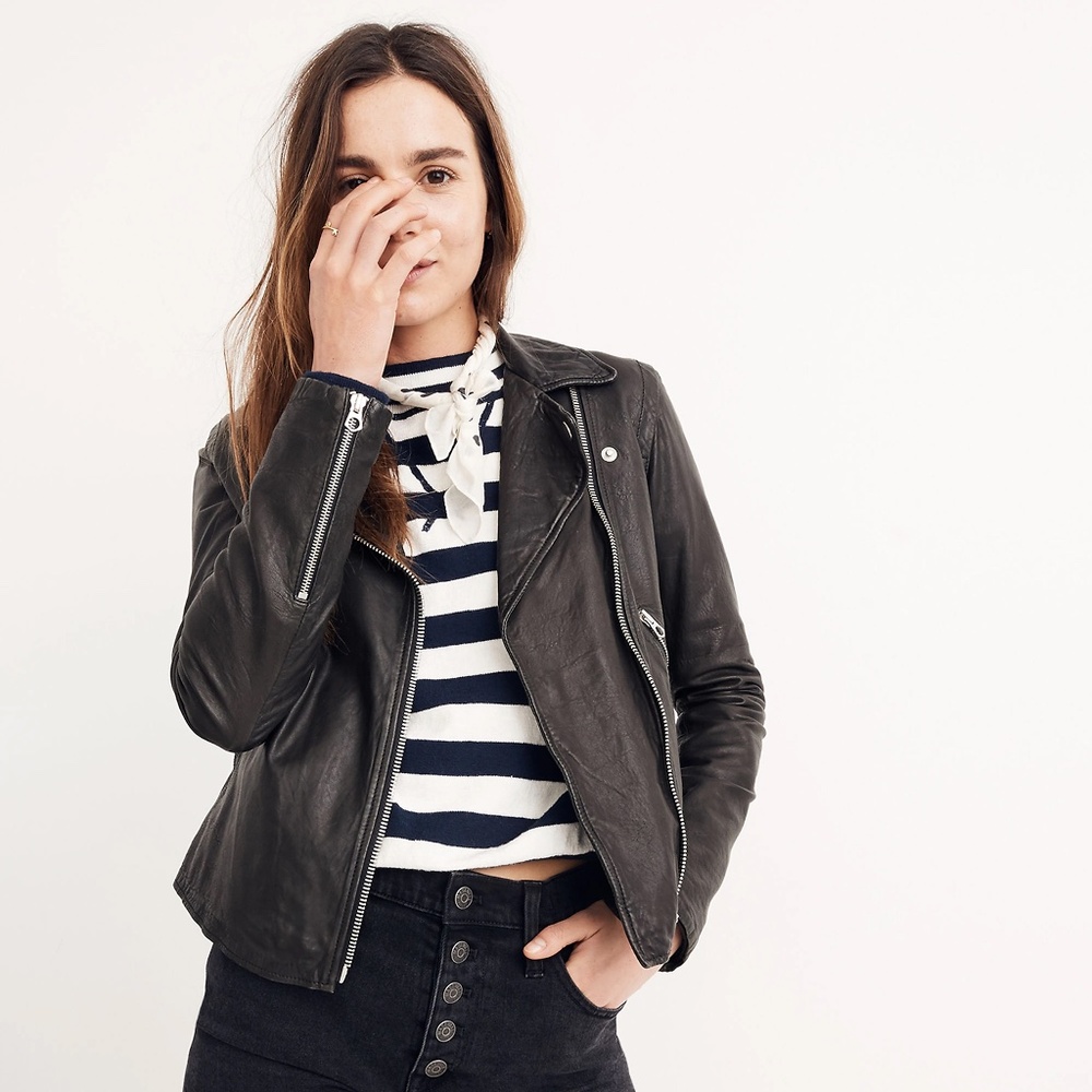 Madewell Washed Leather Motorcycle Jacket - Black Size S
